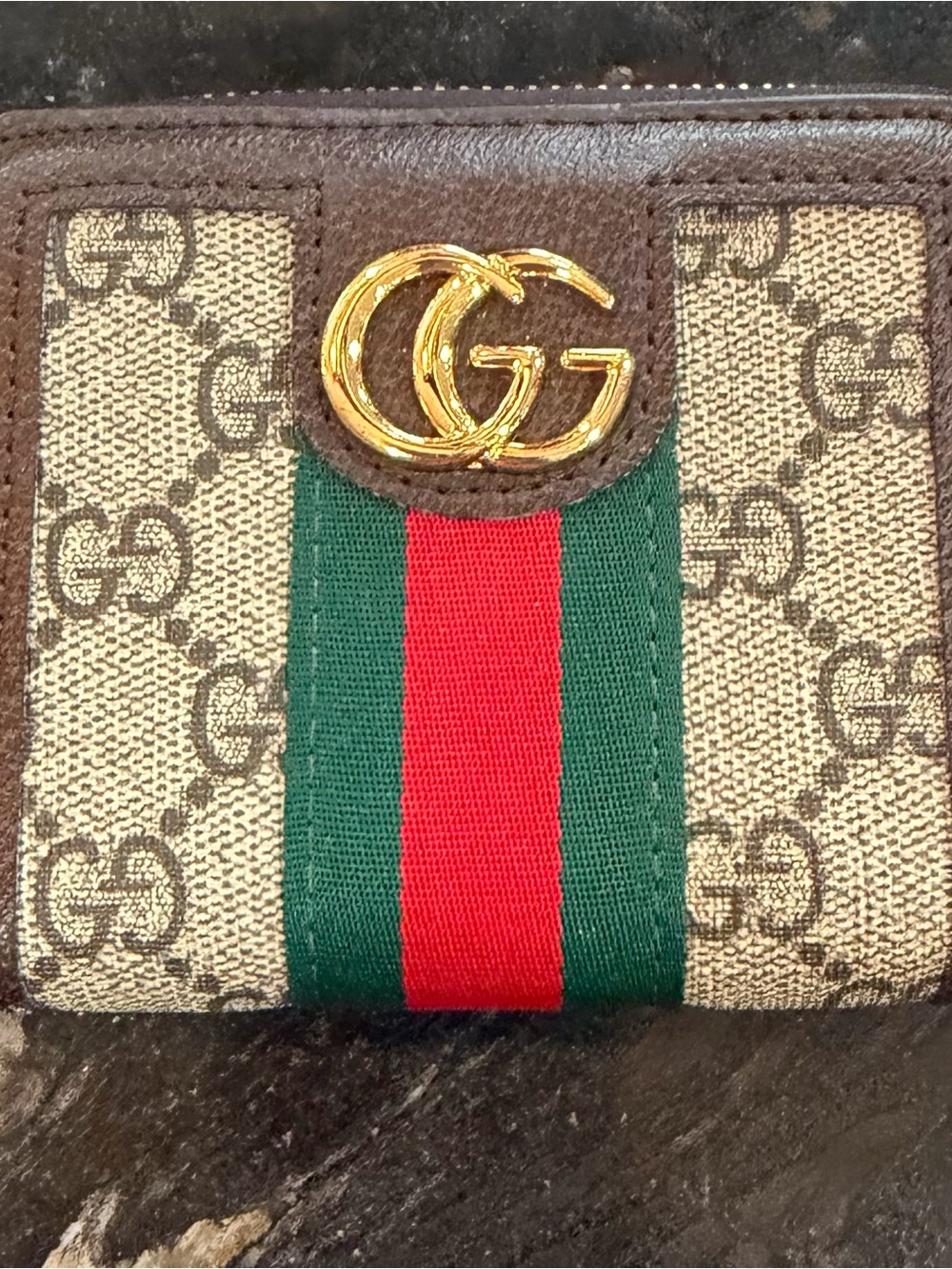Gucci Brown Monogram Wallet with Green and Red Web and Gold GG Logo